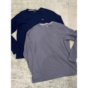 SET (2) Lacoste Sleepwear Shirt Mens Size L Navy/Gray Waffle Knit Long Sleeve